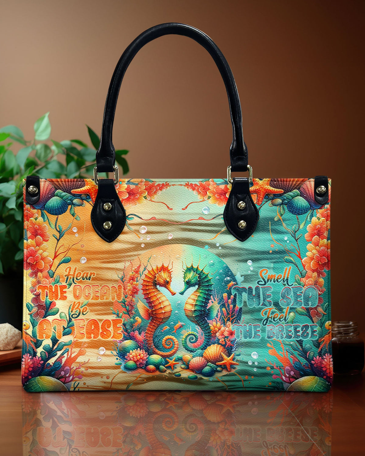BLISSCORNERS SMELL THE SEA FEEL THE BREEZE SEAHORSE LEATHER HANDBAG