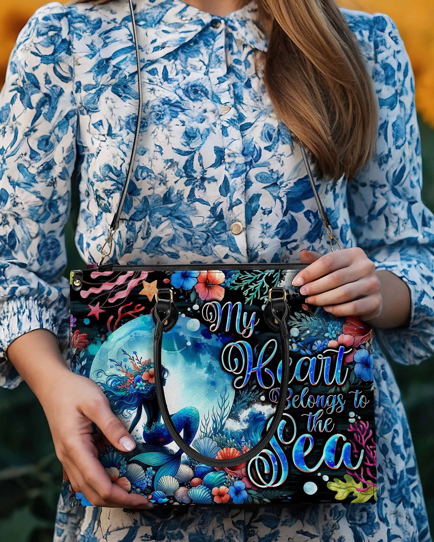 BLISSCORNERS MY HEART BELONGS TO THE SEA MERMAID LEATHER HANDBAG