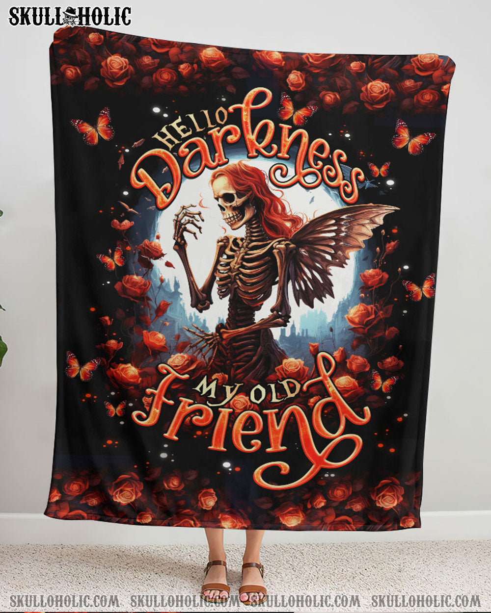 BLISSCORNERS HELLO DARKNESS MY OLD FRIEND SKELETON ROSE MOON WOVEN AND FLEECE BLANKET