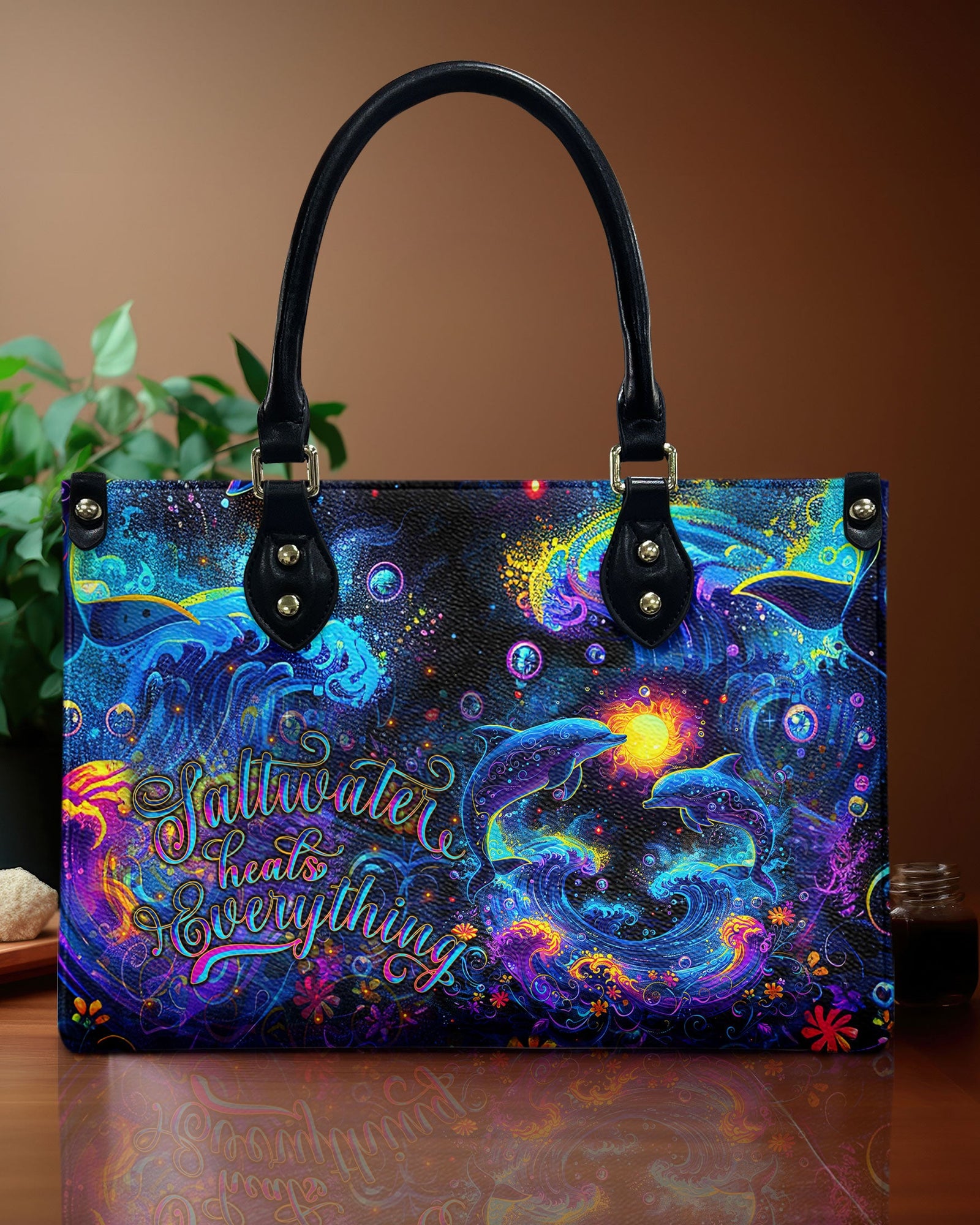 BLISSCORNERS SALTWATER HEALS EVERYTHING DOLPHIN  LEATHER HANDBAG