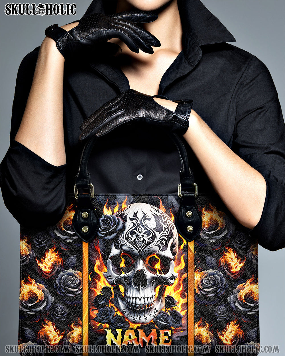 BLISSCORNERS SKULL FIRE BLACK ROSE LEATHER HANDBAG