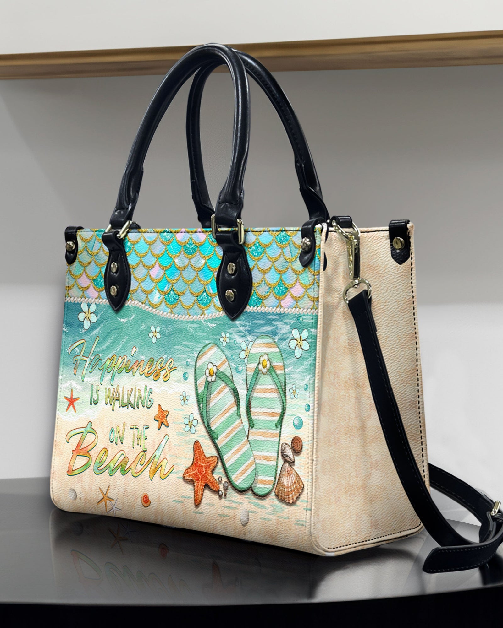 BLISSCORNERS HAPPINESS IS WALKING ON THE BEACH LEATHER HANDBAG