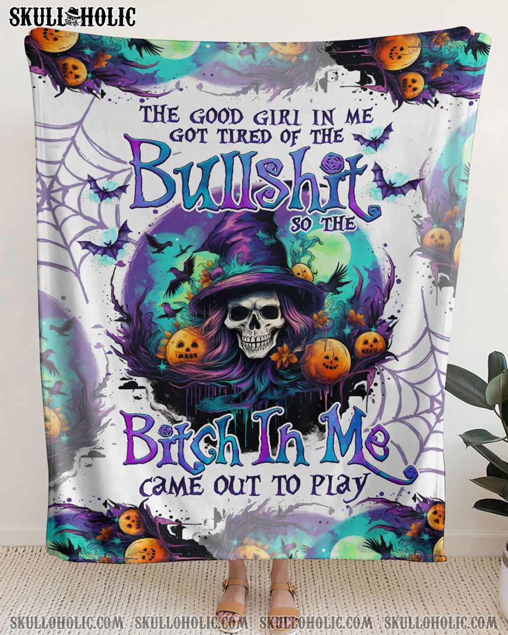 BLISSCORNERS THE GOOD GIRL IN ME HALLOWEEN WITCH WOVEN AND FLEECE BLANKET