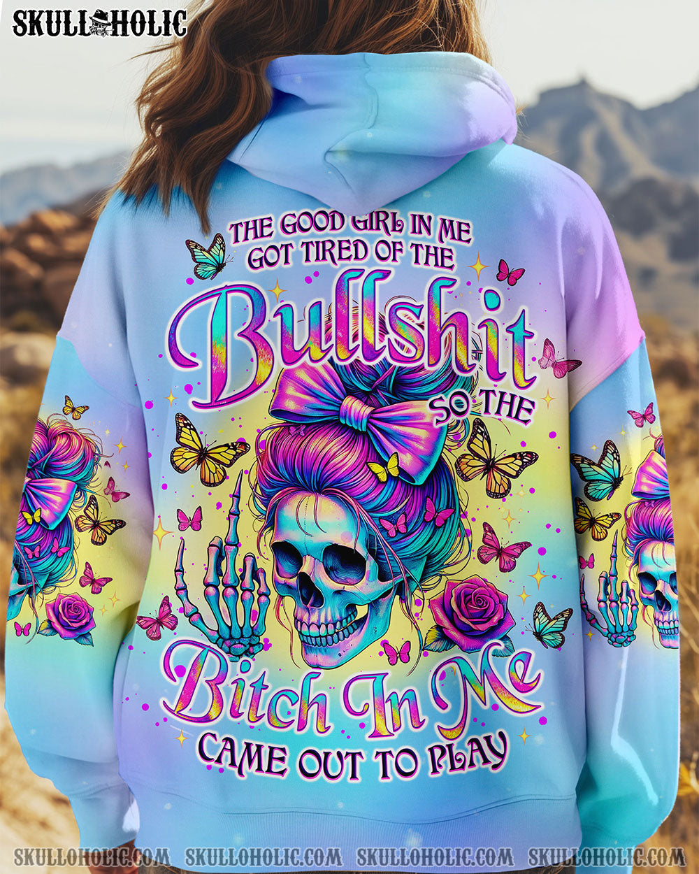 BLISSCORNERS THE GOOD GIRL IN ME SKULL MESSY BUN ALL OVER PRINT