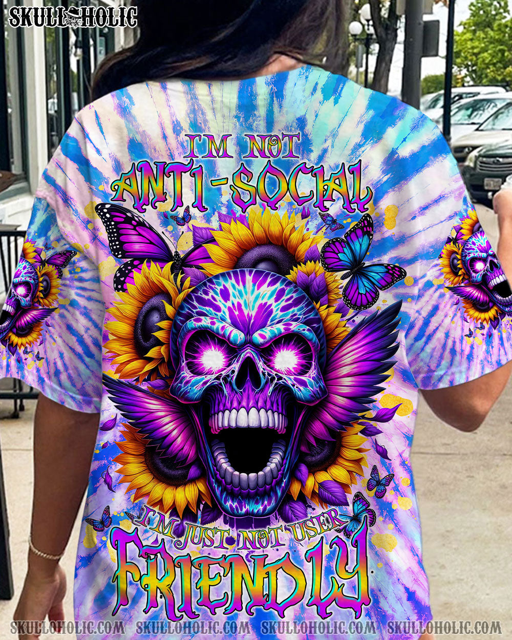 BLISSCORNERS I'M NOT ANTI-SOCIAL ANGRY SKULL SUNFLOWER ALL OVER PRINT