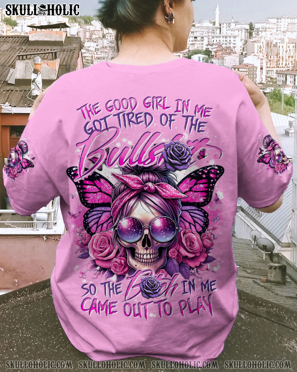 BLISSCORNERS THE GOOD GIRL IN ME MESSY BUN SKULL ALL OVER PRINT