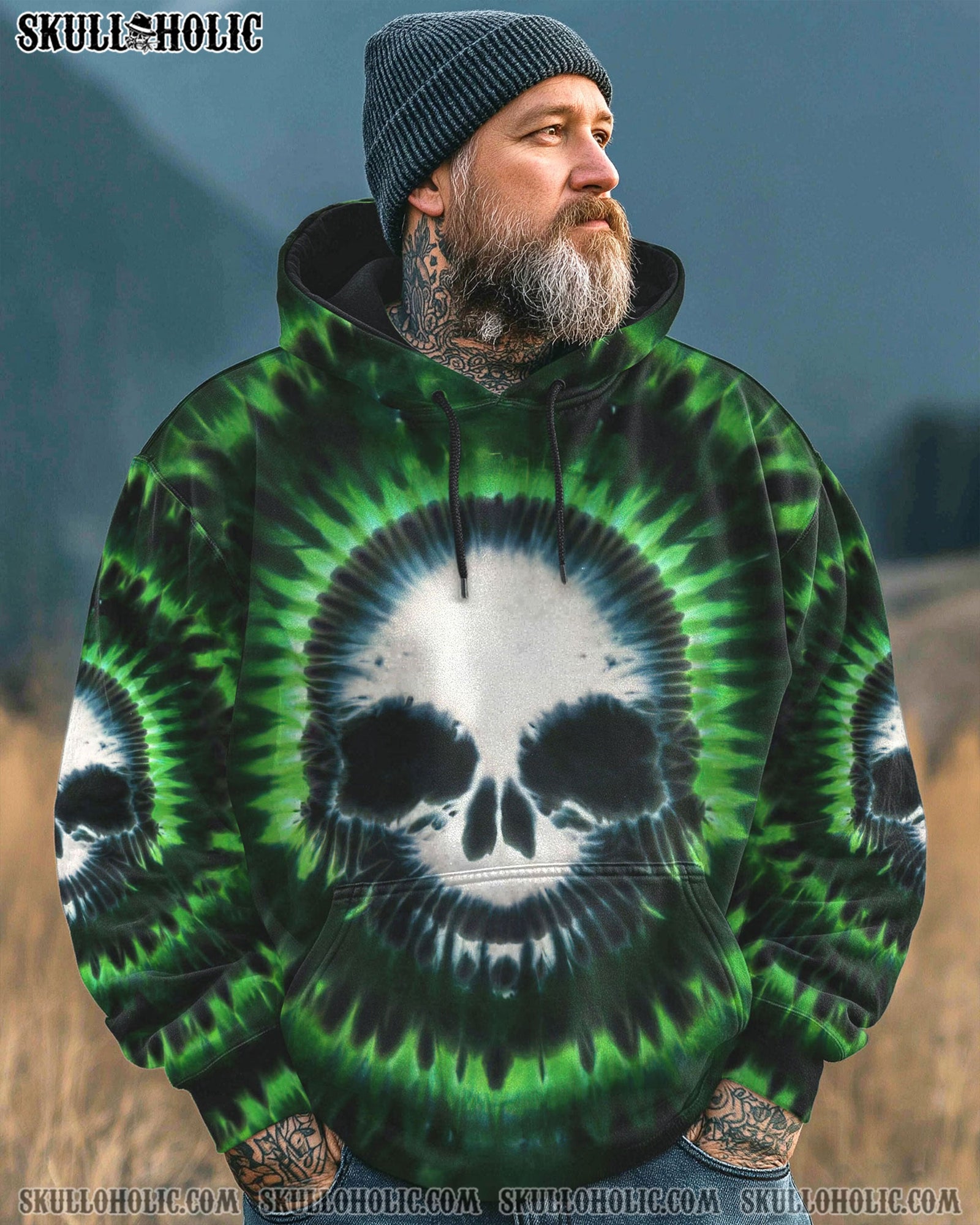 BLISSCORNERS ZOMBIE GREEN SKULL TIE DYE HAND DYED ALL OVER PRINT