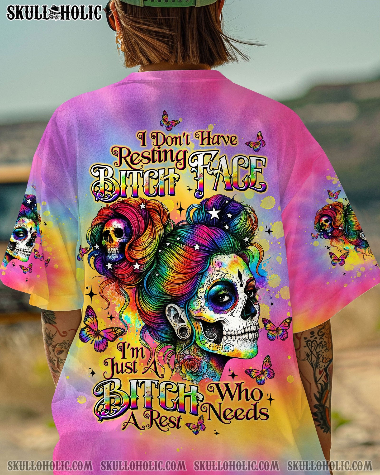 BLISSCORNERS I DON'T HAVE RESTING B FACE SKULL TIE DYE ALL OVER PRINT