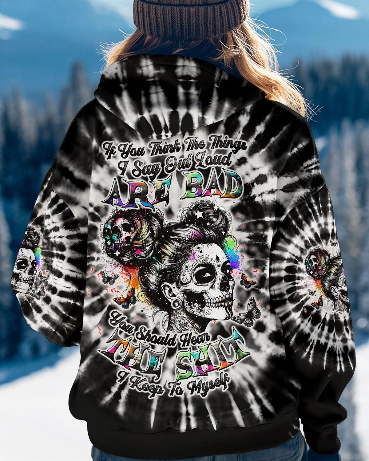 BLISSCORNERS IF YOU THINK THE THINGS I SAY OUT LOUD MESSY BUN SKULL TIE DYE ALL OVER PRINT