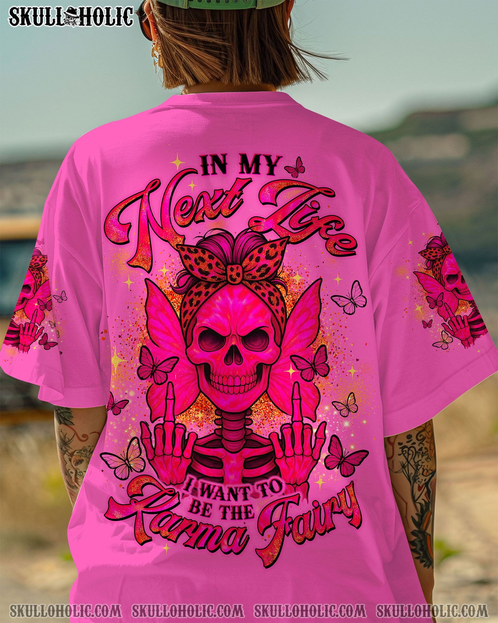 BLISSCORNERS THE GOOD GIRL IN ME ROSE SKULL MESSY BUN ALL OVER PRINT