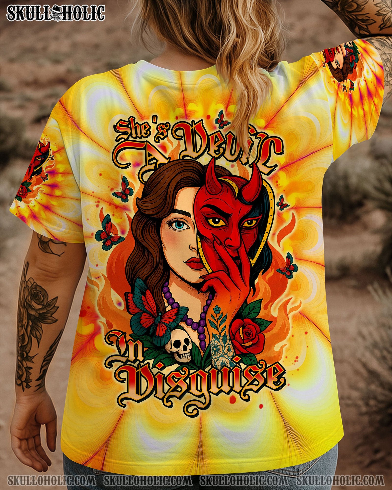 BLISSCORNERS SHE'S A DEVIL IN DISGUISE SKULL LADY ALL OVER PRINT