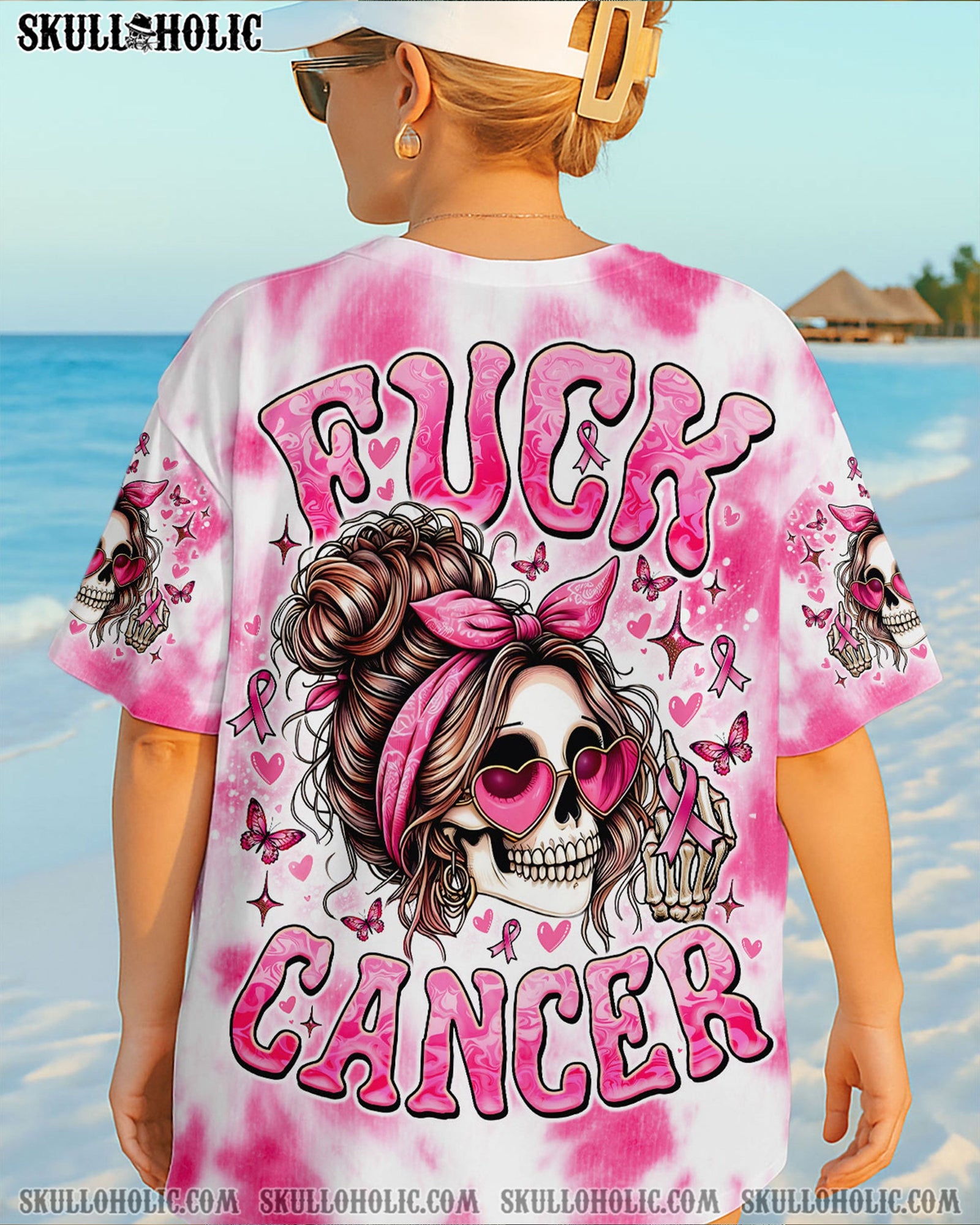 BLISSCORNERS FCK CANCER SKULL TIE DYE BREAST CANCER ALL OVER PRINT