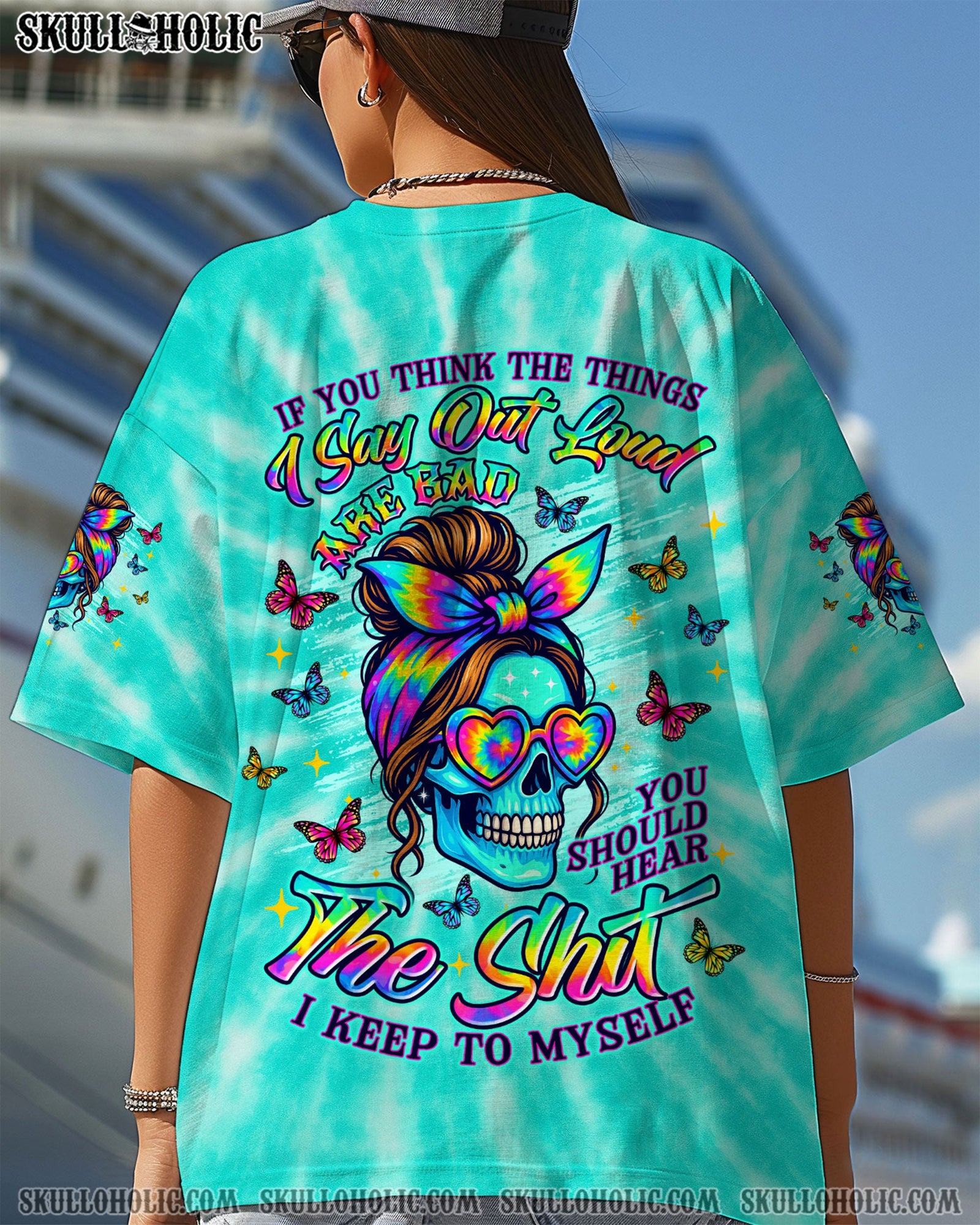 BLISSCORNERS IF YOU THINK THE THINGS I SAY OUT LOUD MESSY BUN SKULL TIE DYE ALL OVER PRINT