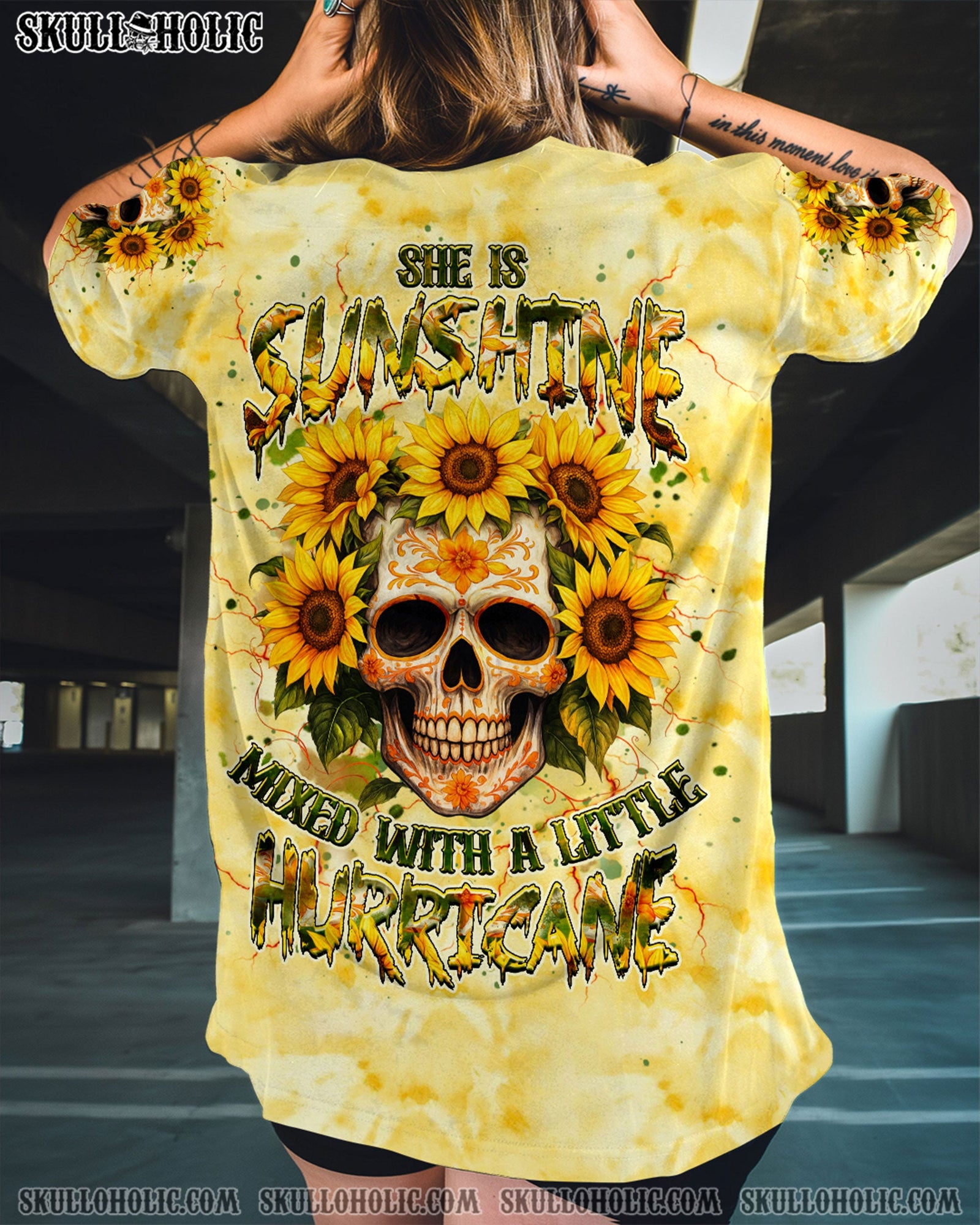 BLISSCORNERS SHE IS SUNSHINE SKULL SUNFLOWER ALL OVER PRINT
