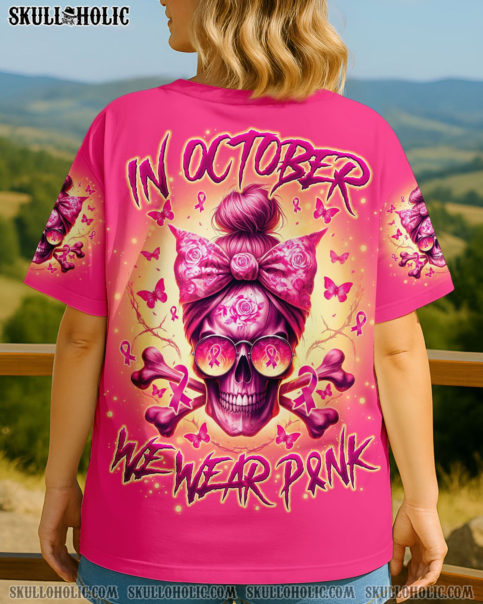 BLISSCORNERS FCK CANCER MESSY BUN SKULL TIE DYE BREAST CANCER ALL OVER PRINT