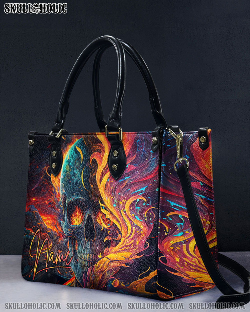 BLISSCORNERS SKULL ON FIRE LEATHER HANDBAG