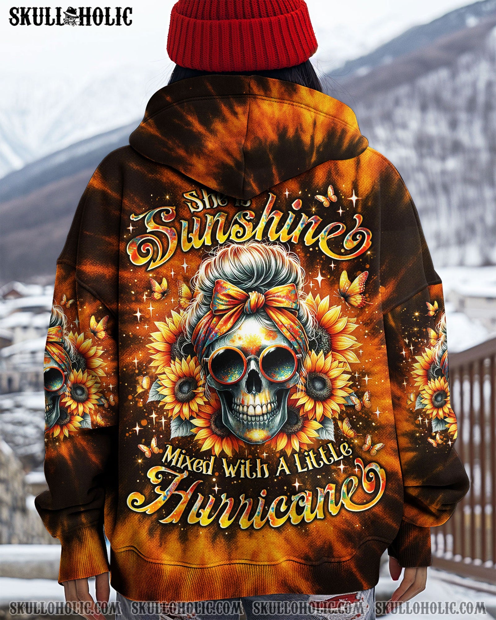 BLISSCORNERS SHE IS SUNSHINE SUNFLOWER MESSY SKULL TIE DYE ALL OVER PRINT