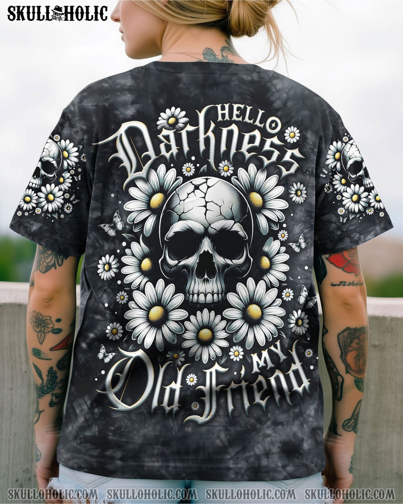 BLISSCORNERS HELLO DARKNESS MY OLD FRIEND SKULL DAISIES ALL OVER PRINT
