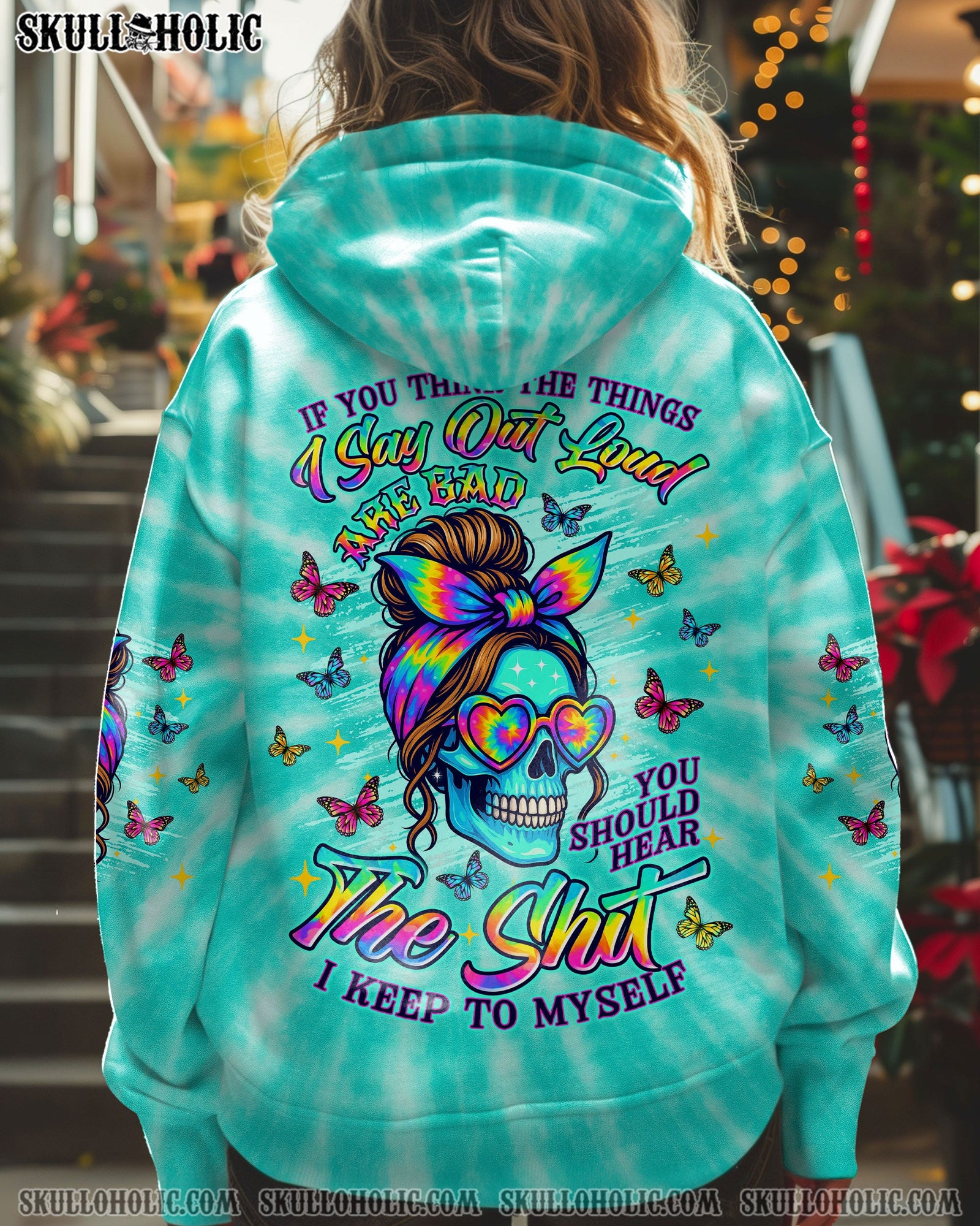 BLISSCORNERS IF YOU THINK THE THINGS I SAY OUT LOUD MESSY BUN SKULL TIE DYE ALL OVER PRINT