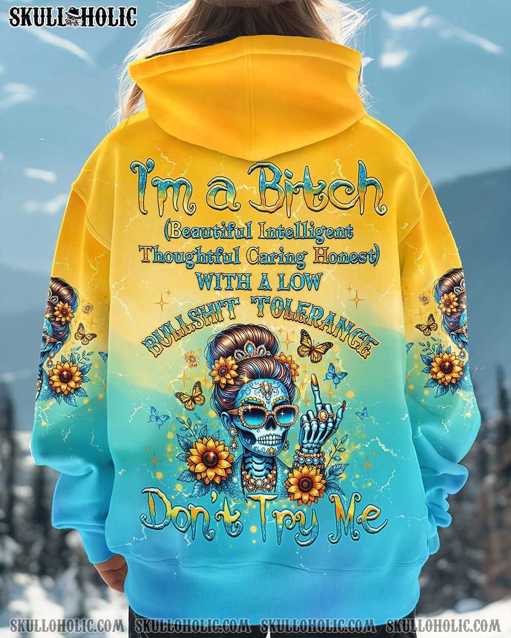 BLISSCORNERS I'M A B DON'T TRY ME SUNFLOWER SKULL ALL OVER PRINT
