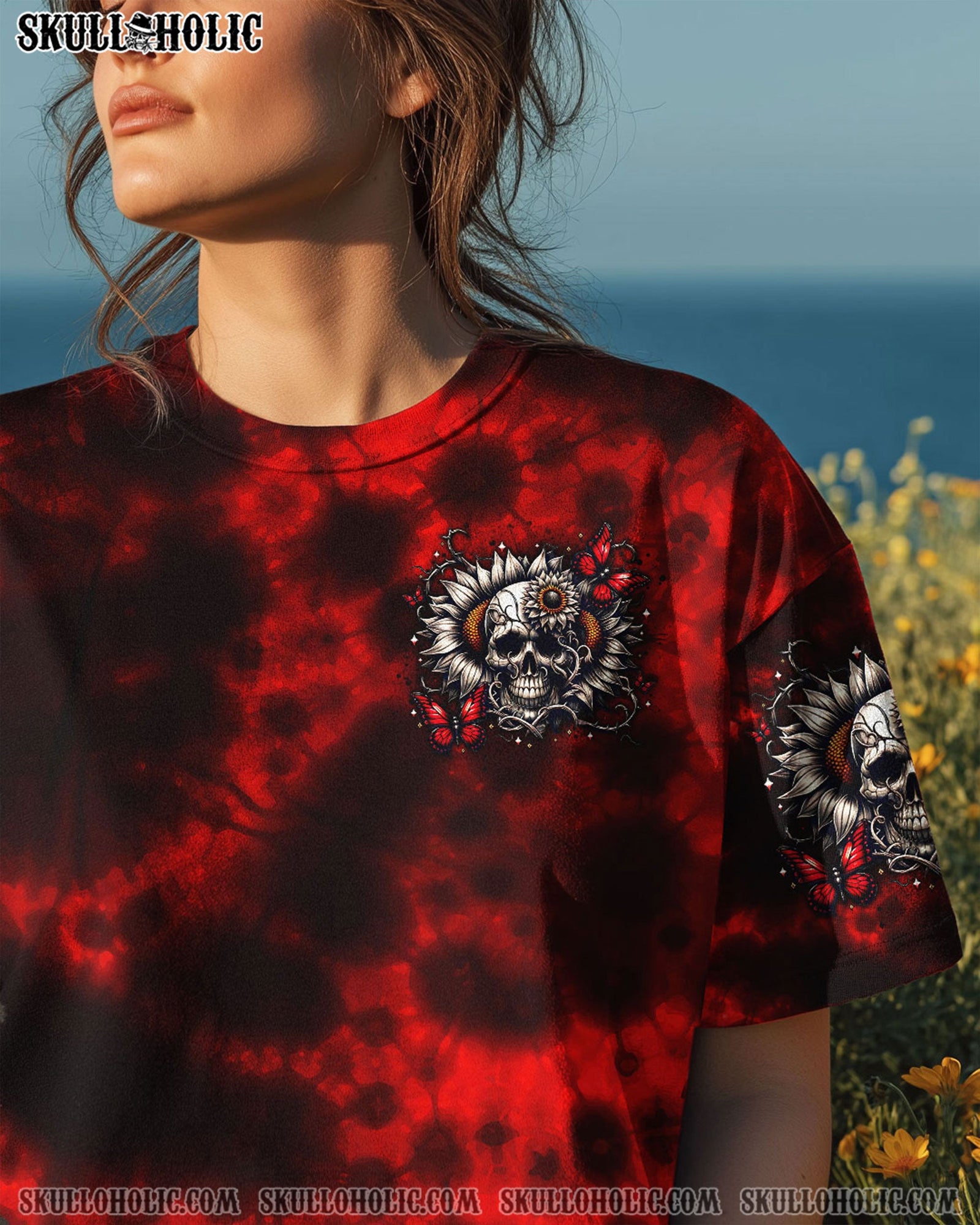 BLISSCORNERS DON'T TRY TO FIGURE ME OUT SKULL SUNFLOWER ALL OVER PRINT