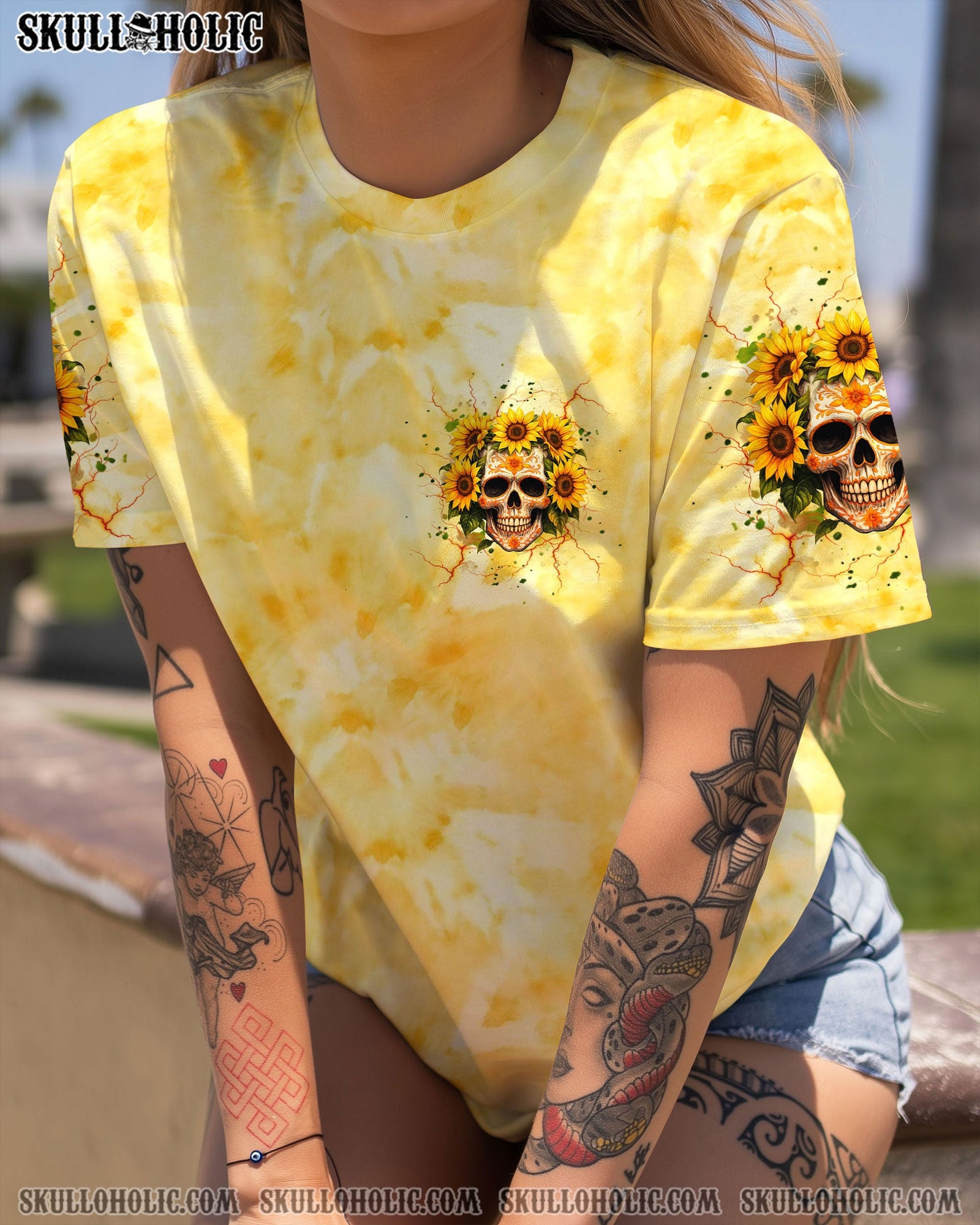 BLISSCORNERS SHE IS SUNSHINE SKULL SUNFLOWER ALL OVER PRINT