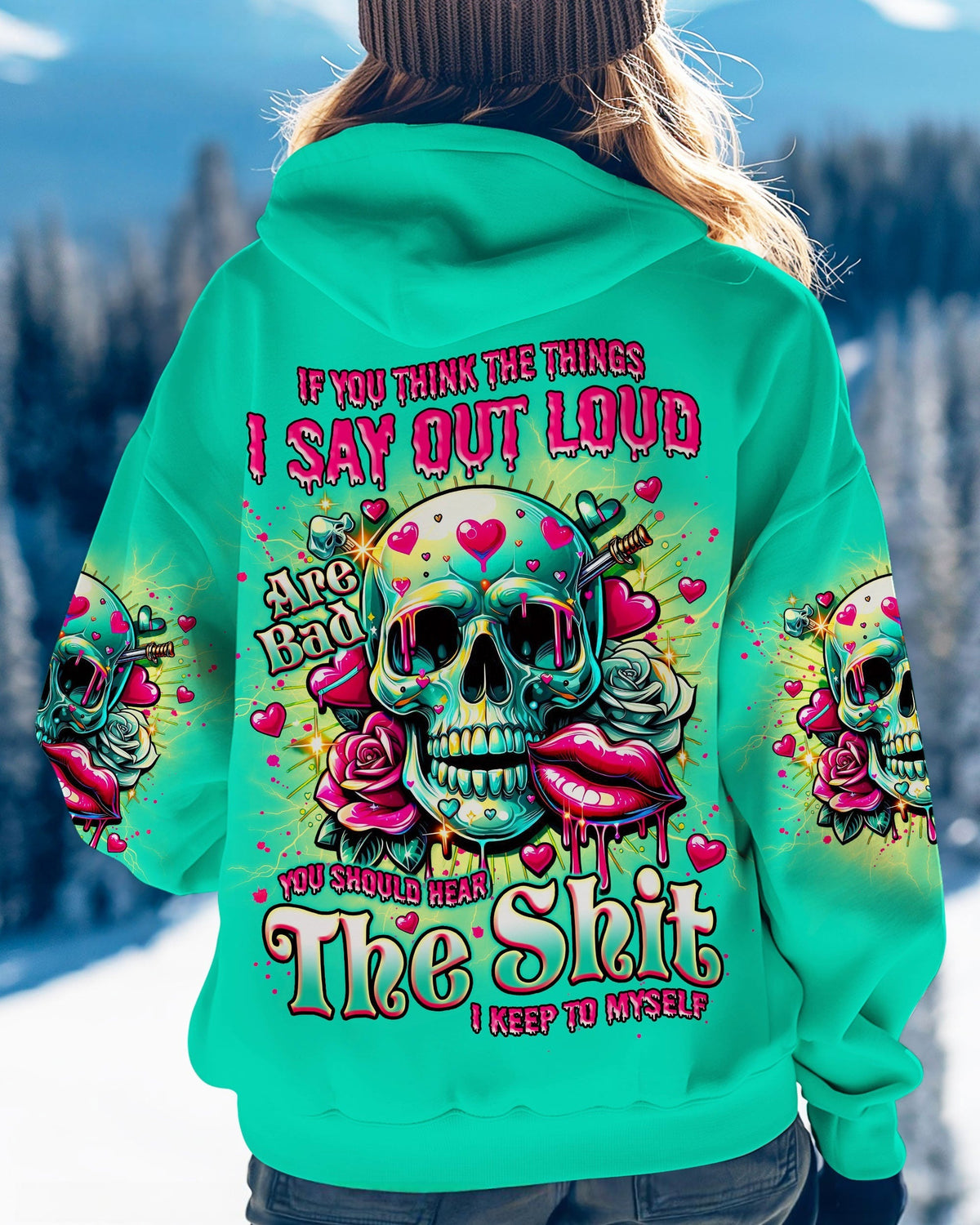 BLISSCORNERS IF YOU MESS WITH MY ANGEL MESSY BUN SKULL ALL OVER PRINT