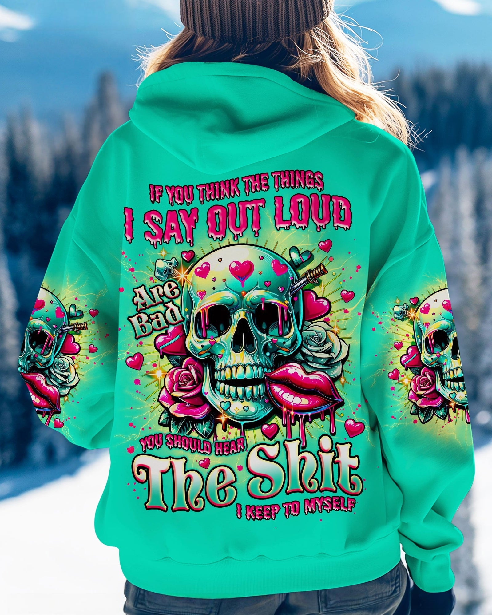 BLISSCORNERS IF YOU MESS WITH MY ANGEL MESSY BUN SKULL ALL OVER PRINT