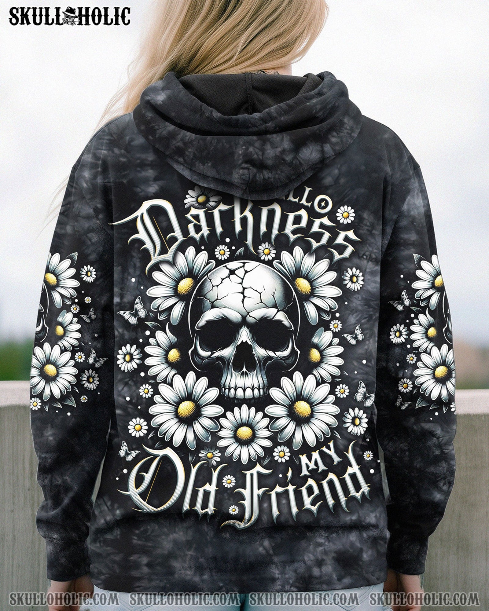 BLISSCORNERS HELLO DARKNESS MY OLD FRIEND SKULL DAISIES ALL OVER PRINT