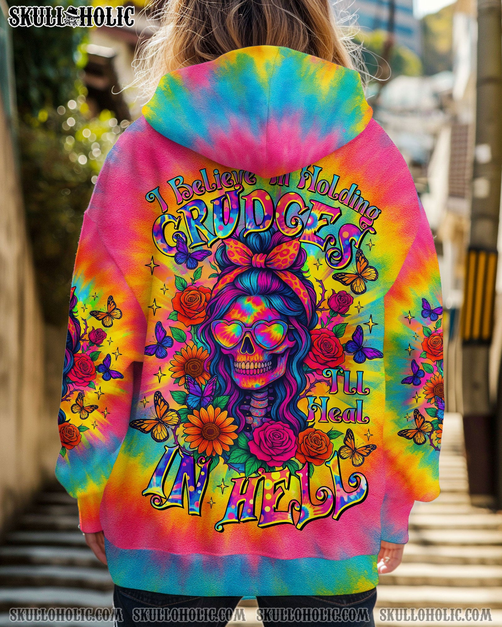 BLISSCORNERS I'LL HEAL IN HELL SKULL FLORAL TIE DYE SKULL LADY ALL OVER PRINT