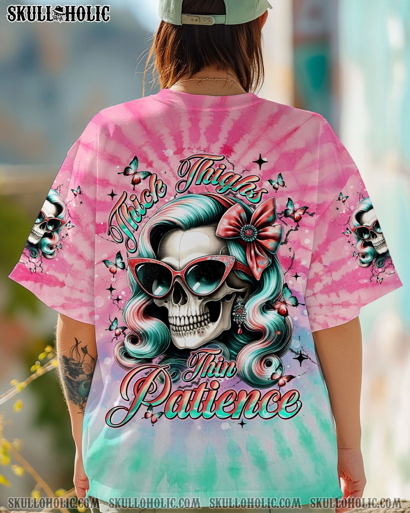 BLISSCORNERS THICK THIGHS THIN PATIENCE SKULL TIE DYE ALL OVER PRINT