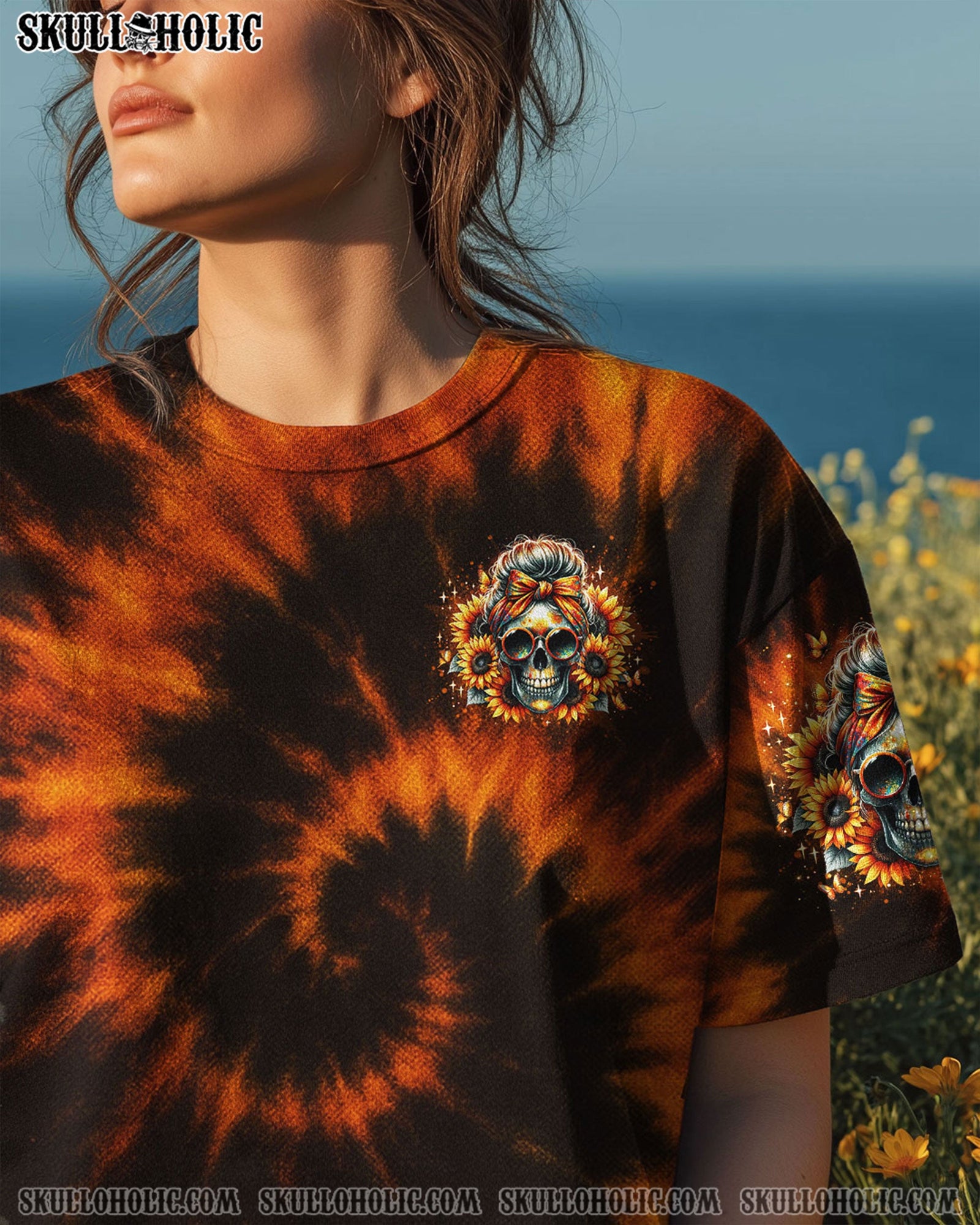 BLISSCORNERS SHE IS SUNSHINE SUNFLOWER MESSY SKULL TIE DYE ALL OVER PRINT