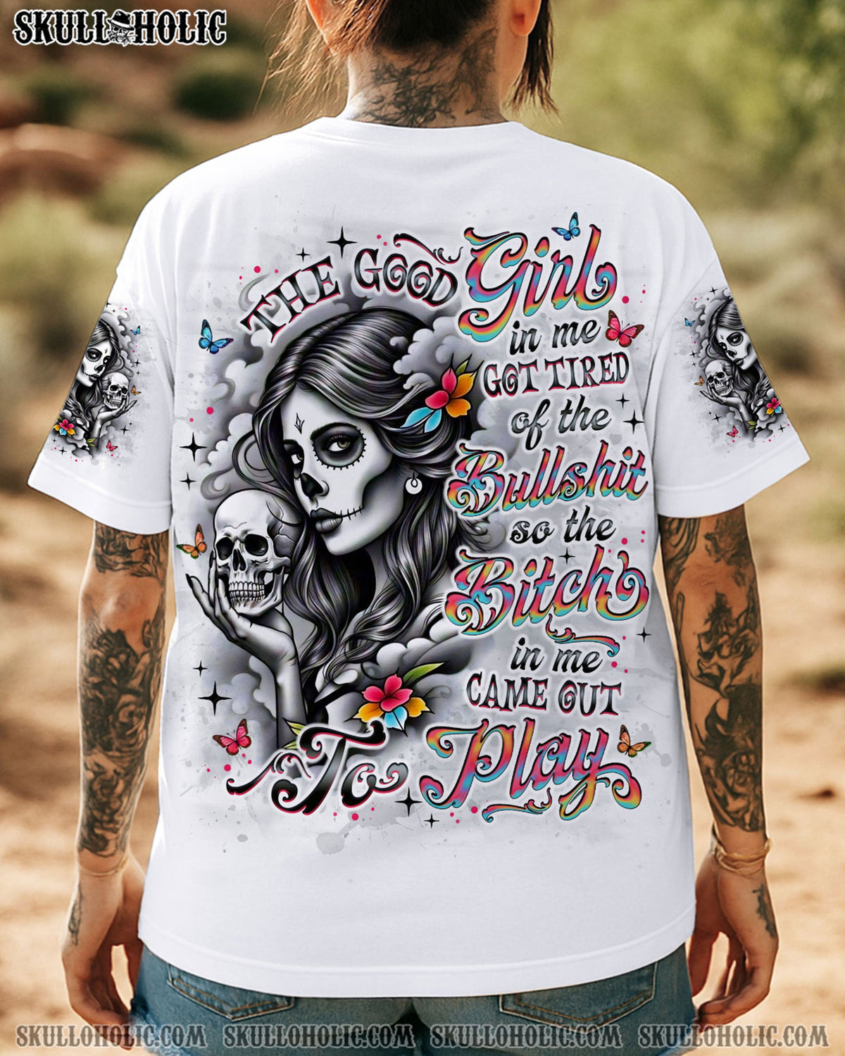 BLISSCORNERS THE GOOD GIRL IN ME SKULL LADY ALL OVER PRINT