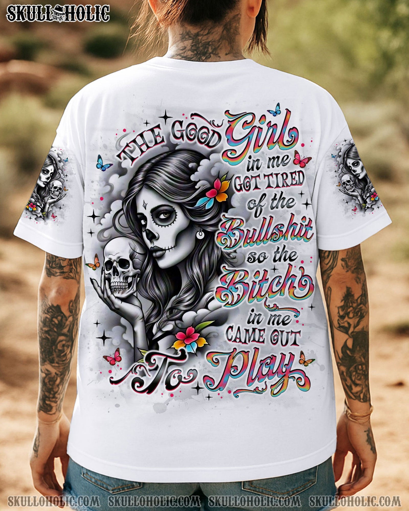 BLISSCORNERS THE GOOD GIRL IN ME SKULL LADY ALL OVER PRINT