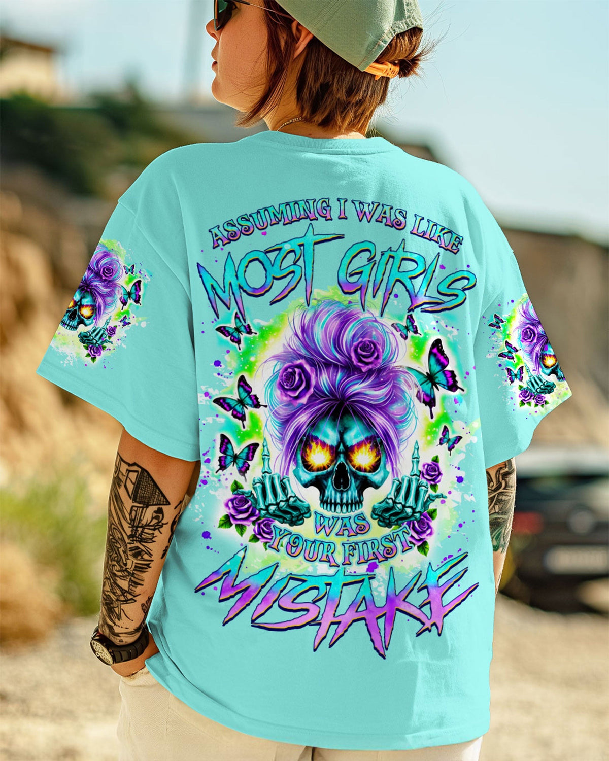 BLISSCORNERS DON'T TRY TO FIGURE ME OUT SKULL MESSY BUN ALL OVER PRINT