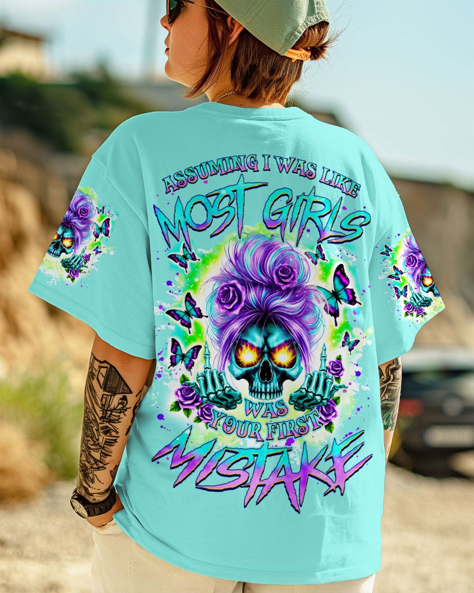 BLISSCORNERS DON'T TRY TO FIGURE ME OUT SKULL MESSY BUN ALL OVER PRINT