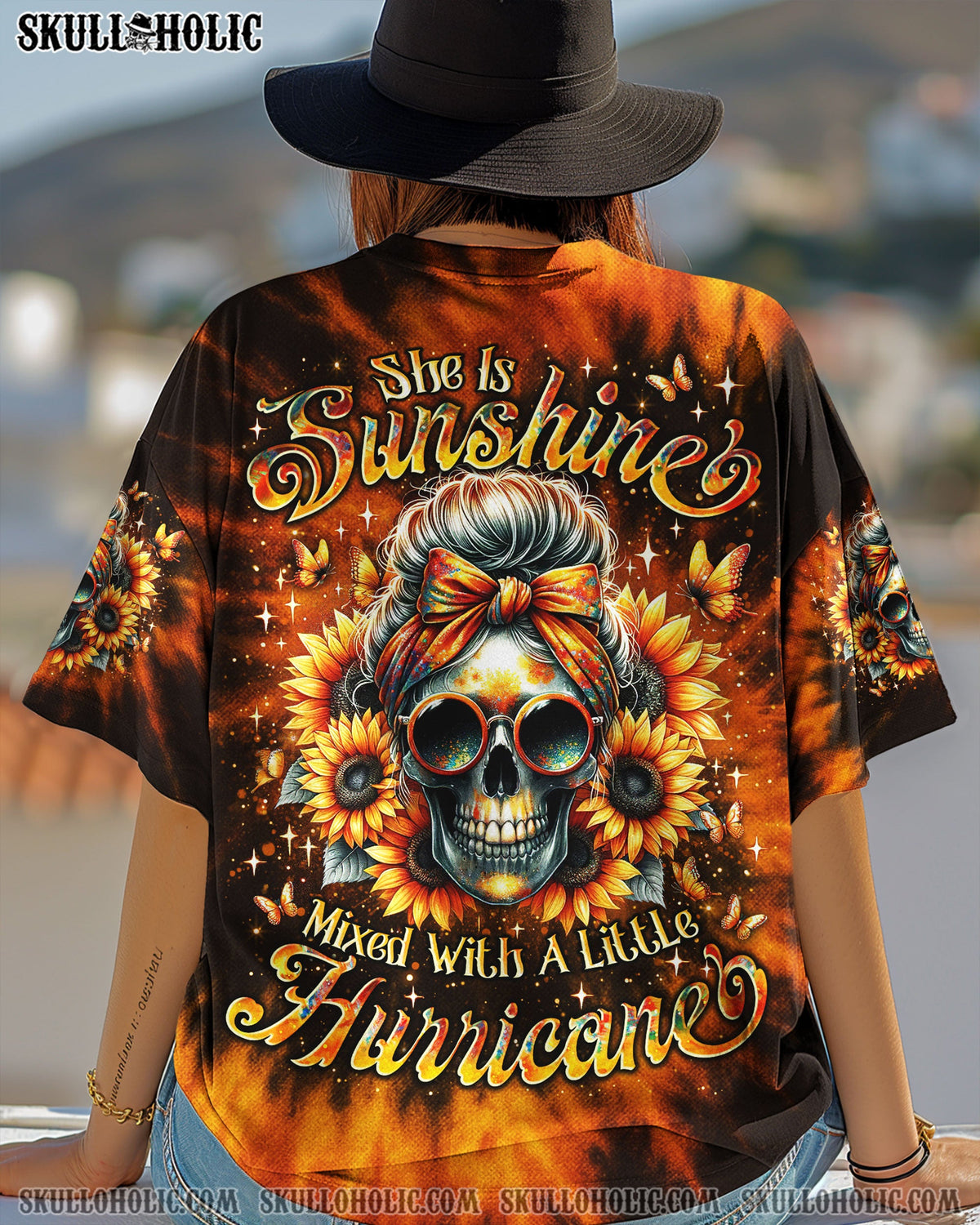 BLISSCORNERS SHE IS SUNSHINE SUNFLOWER MESSY SKULL TIE DYE ALL OVER PRINT