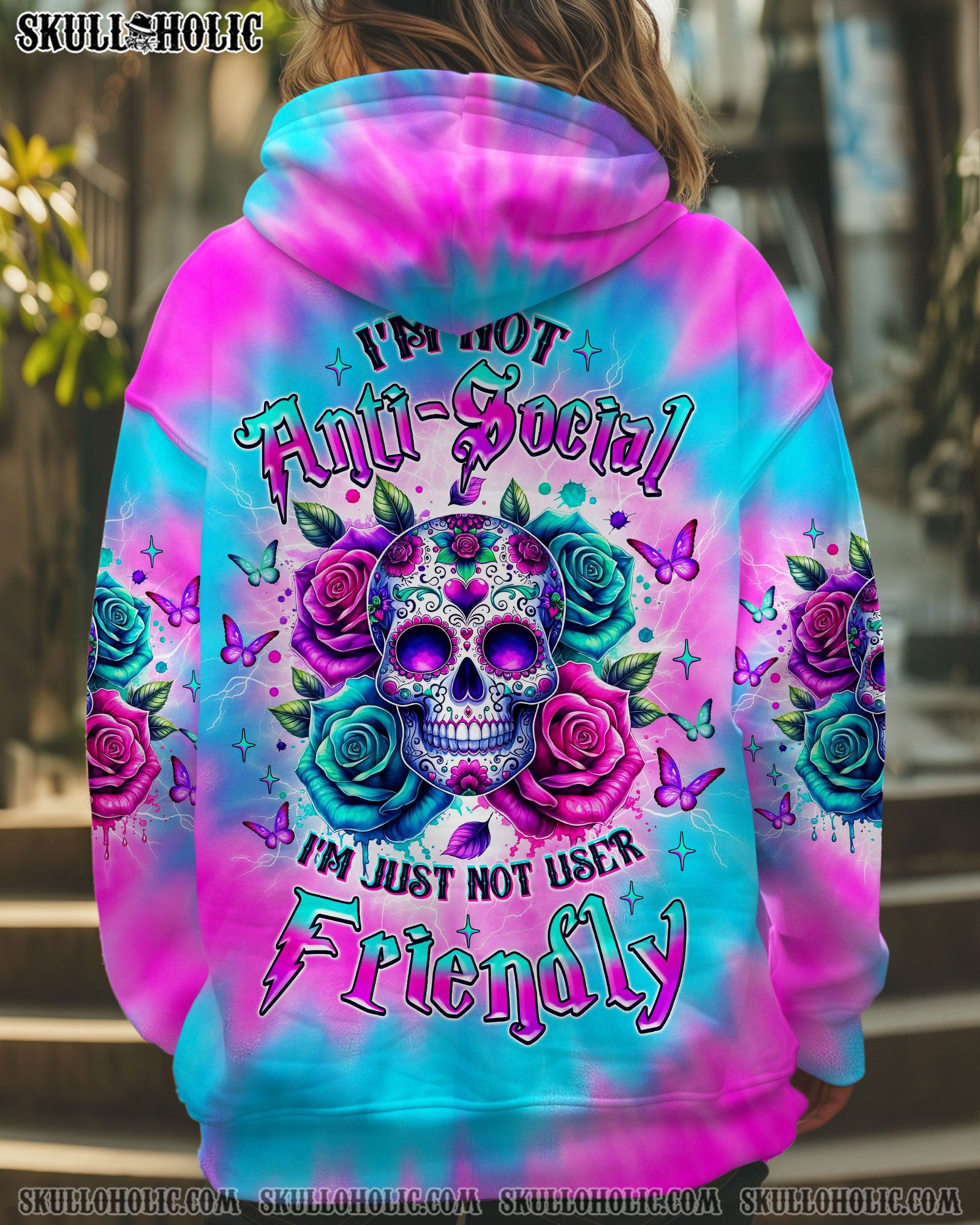BLISSCORNERS I'M NOT ANTI-SOCIAL SKULL FLOWER ALL OVER PRINT