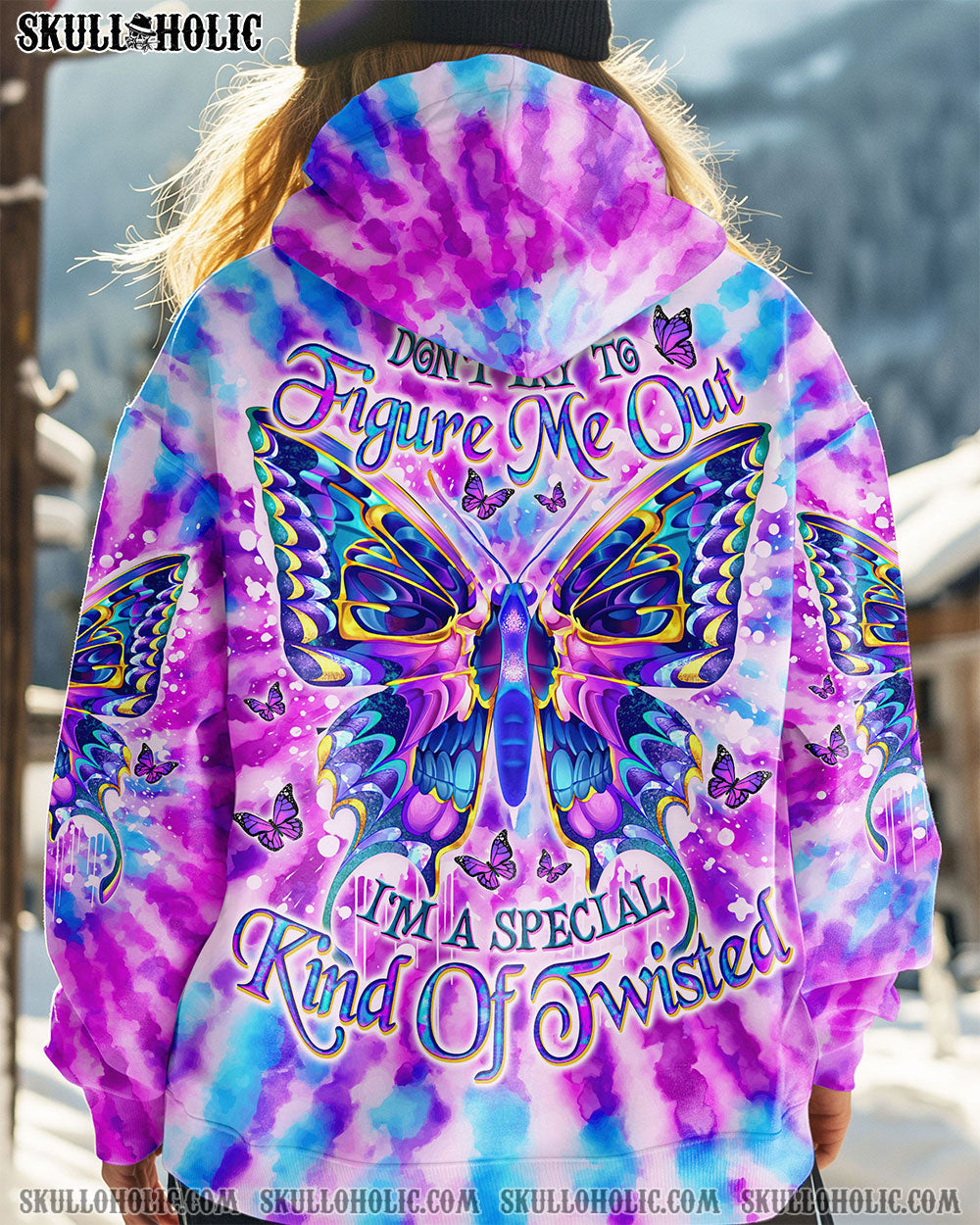 BLISSCORNERS DON'T TRY TO FIGURE ME OUT SKULL  BUTTERFLY ALL OVER PRINT