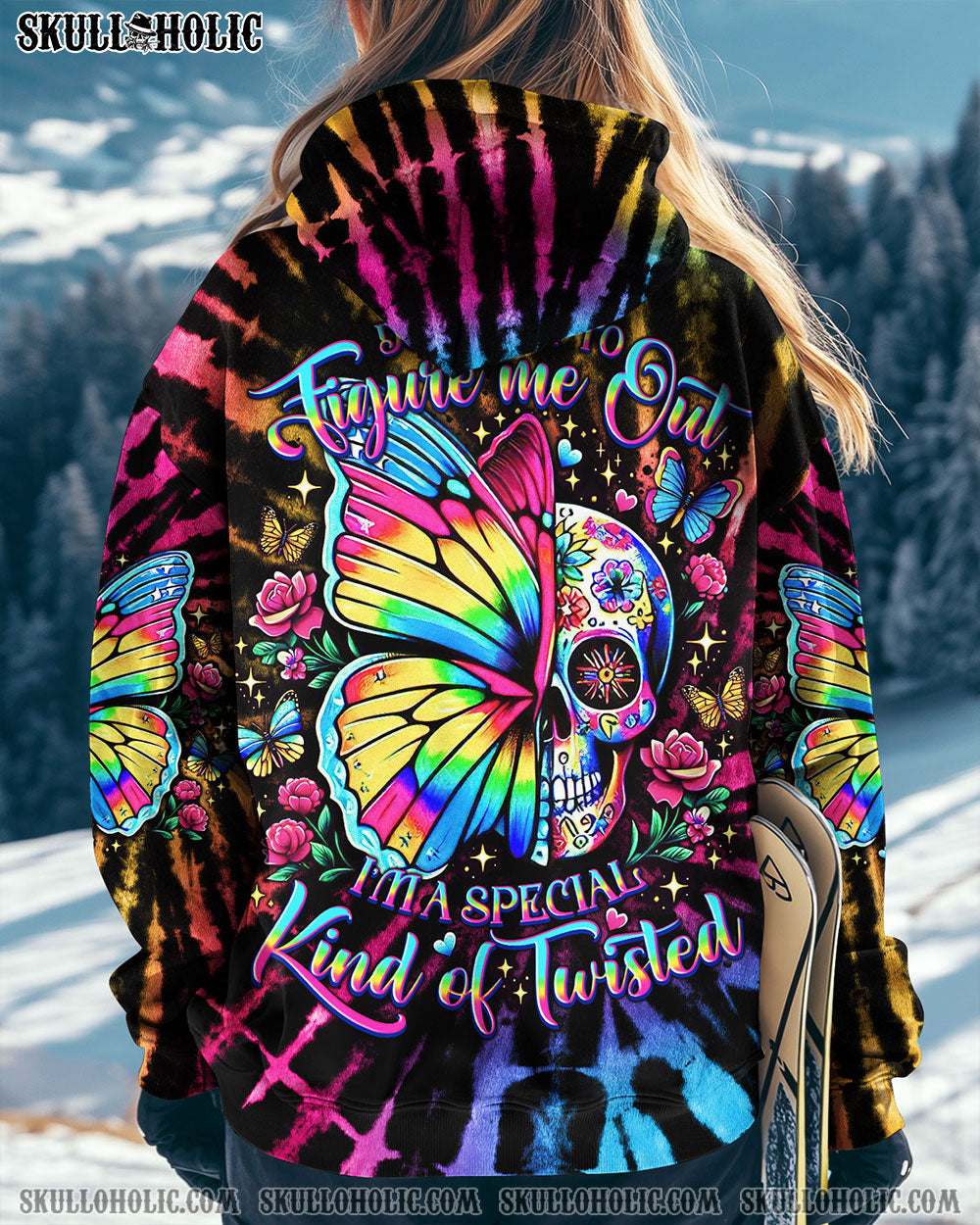 BLISSCORNERS DON'T TRY TO FIGURE ME OUT SKULL BUTTERFLY TIE DYE ALL OVER PRINT