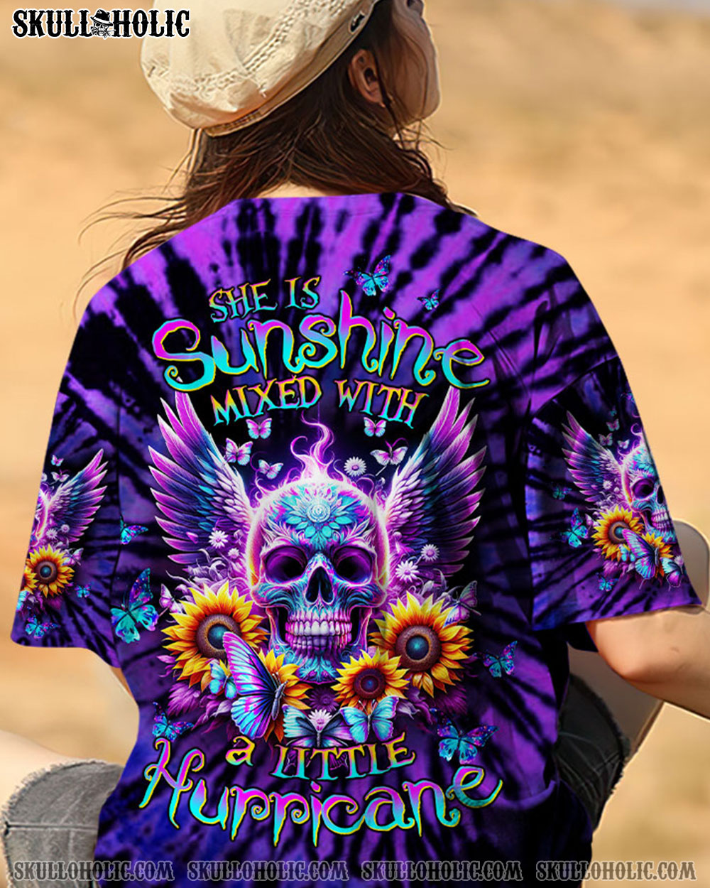 BLISSCORNERS SHE IS SUNSHINE SKULL WINGS SUNFLOWER ALL OVER PRINT