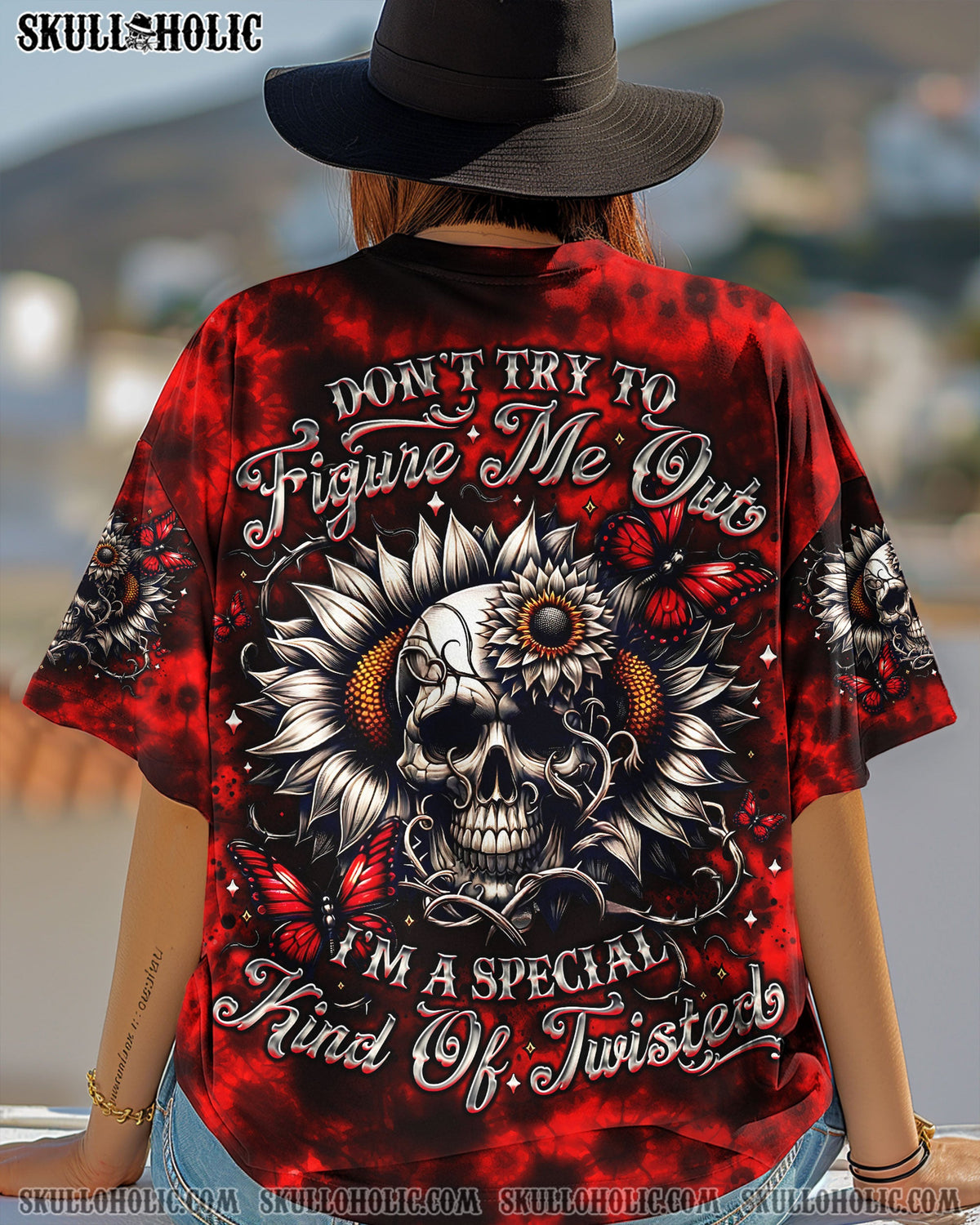 BLISSCORNERS DON'T TRY TO FIGURE ME OUT SKULL SUNFLOWER ALL OVER PRINT