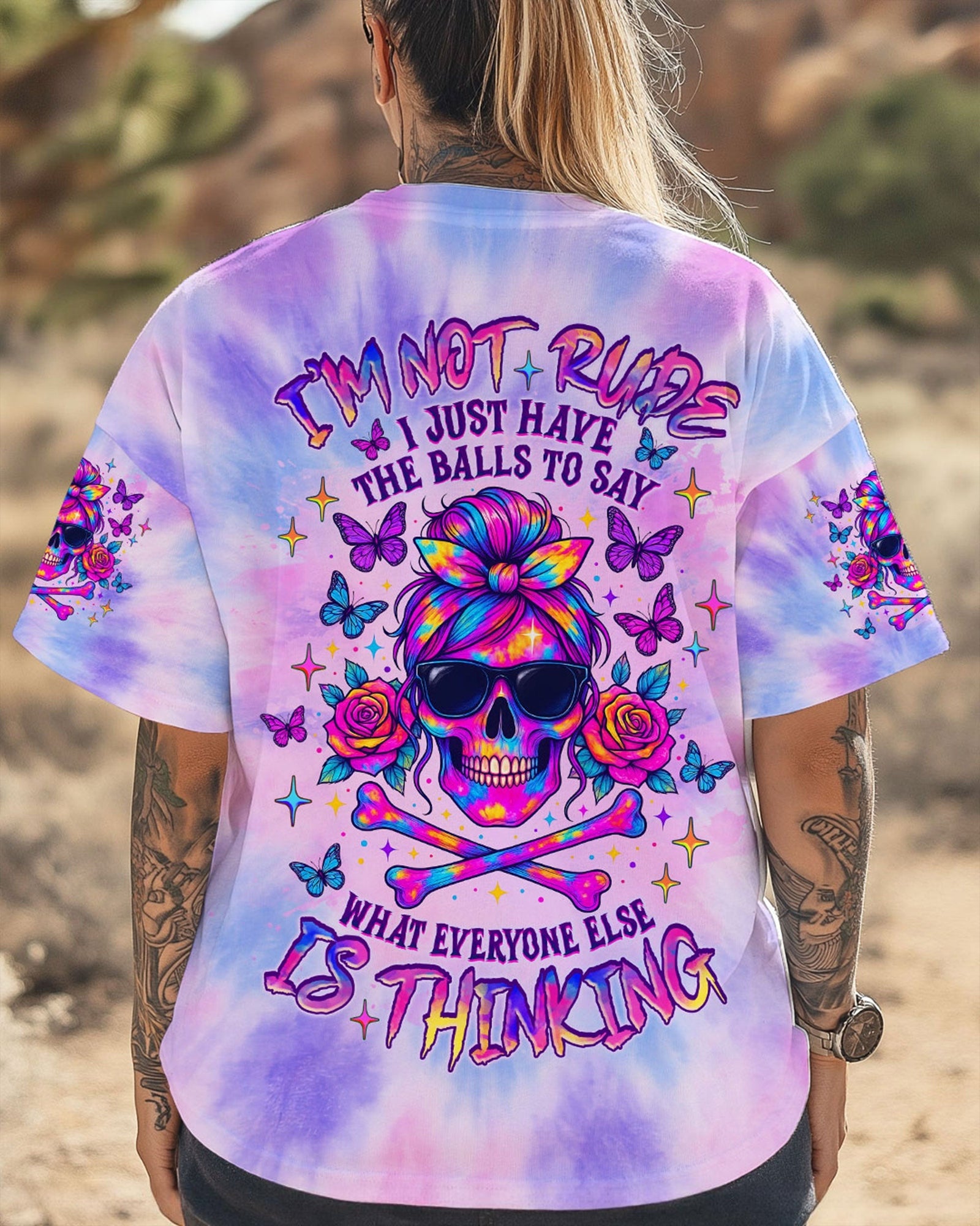 BLISSCORNERS I AM A NICE PERSON SKULL MESSY BUN ALL OVER PRINT