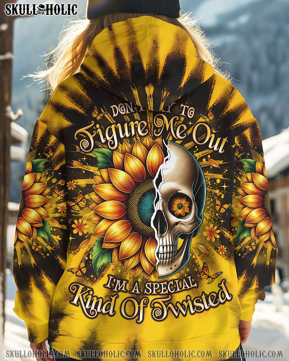 BLISSCORNERS DON'T TRY TO FIGURE ME OUT SKULL SUNFLOWER ALL OVER PRINT