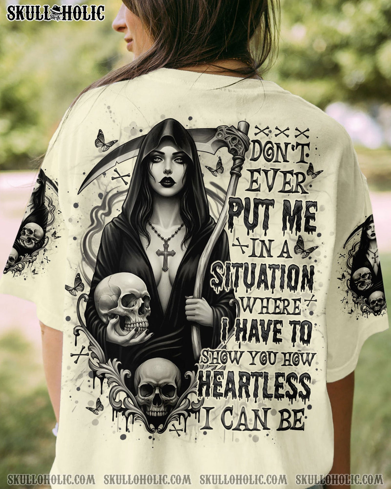 BLISSCORNERS HOW HEARTLESS I CAN BE SKULL LADY ALL OVER PRINT