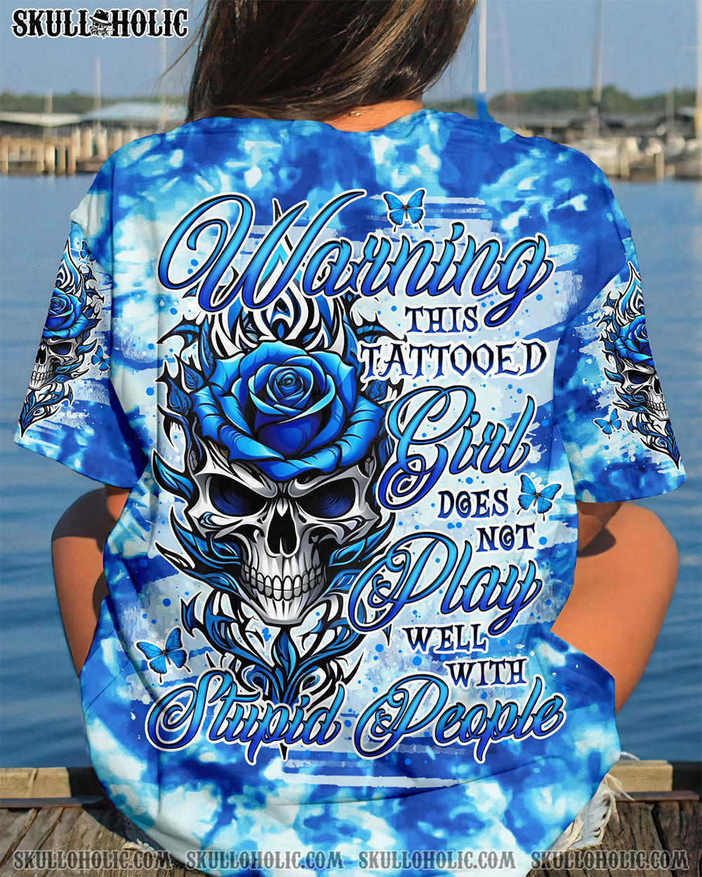 BLISSCORNERS WARNING THIS TATTOOED GIRL SKULL ROSE TIE DYE ALL OVER PRINT