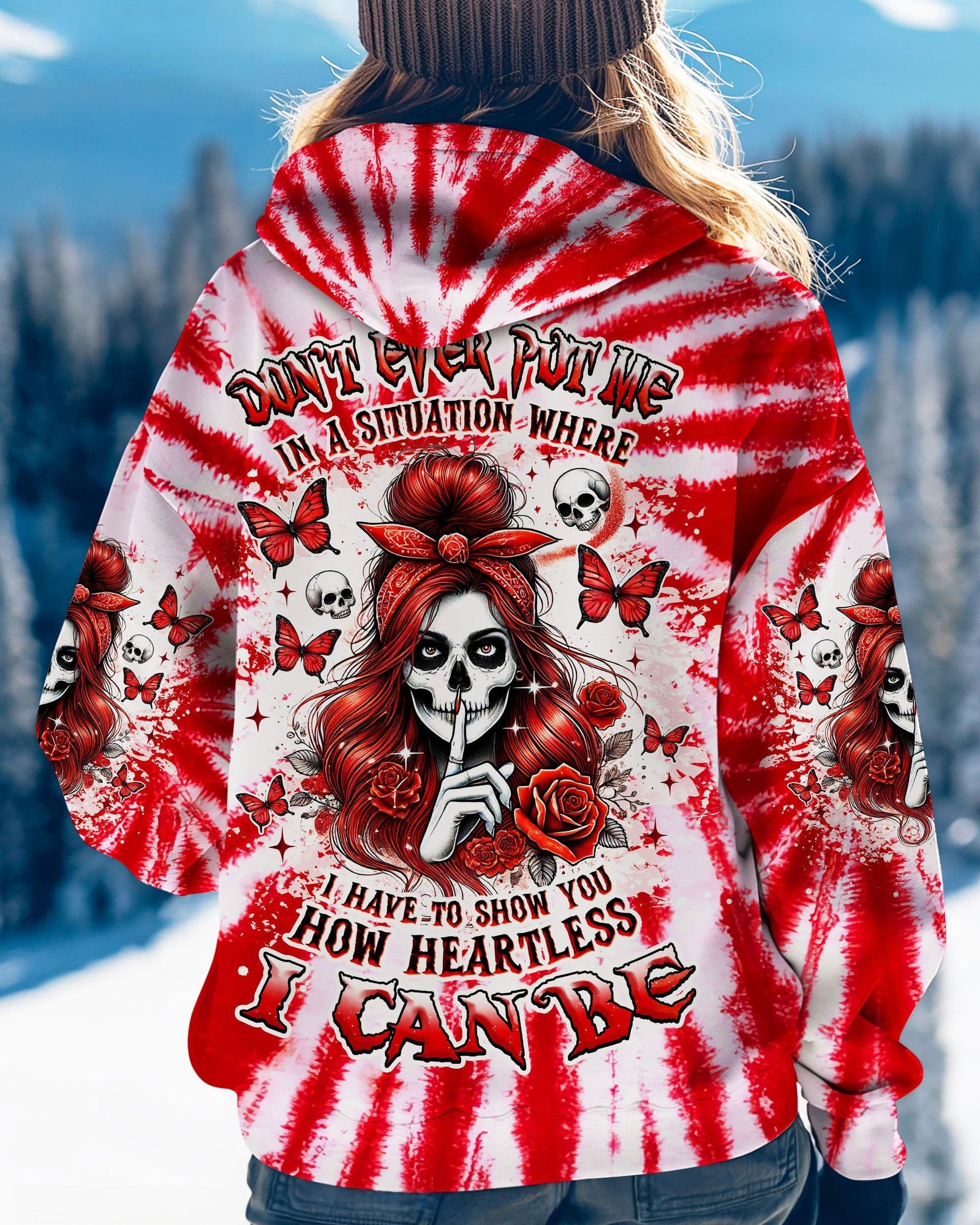 BLISSCORNERS HOW HEARTLESS I CAN BE SKULL MESSY BUN ALL OVER PRINT