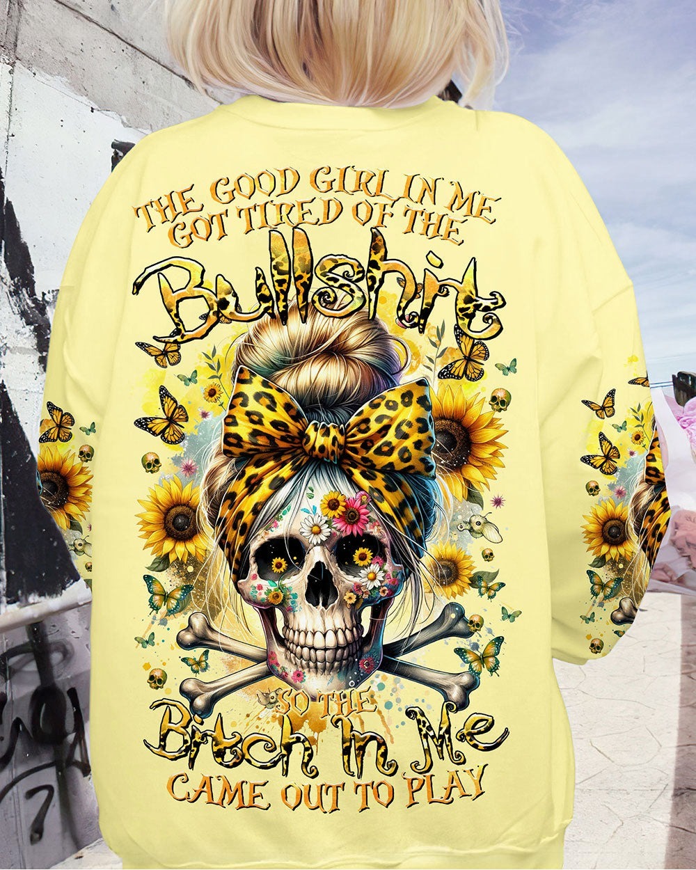 BLISSCORNERS LOVES SKULLS AND HAS TATTOOS MESSY BUN ALL OVER PRINT
