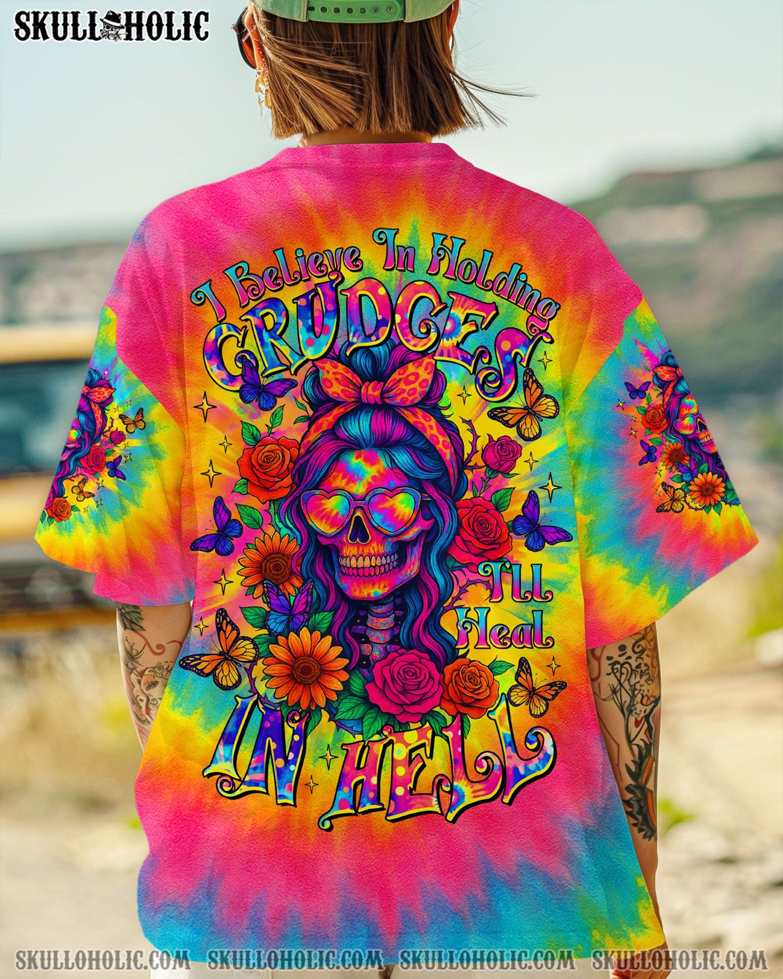BLISSCORNERS I'LL HEAL IN HELL SKULL FLORAL TIE DYE SKULL LADY ALL OVER PRINT