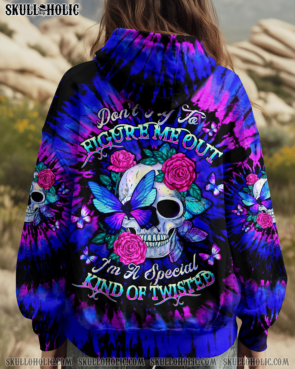 BLISSCORNERS DON'T TRY TO FIGURE ME OUT SKULL ROSE BUTTERFLY TIE DYE ALL OVER PRINT